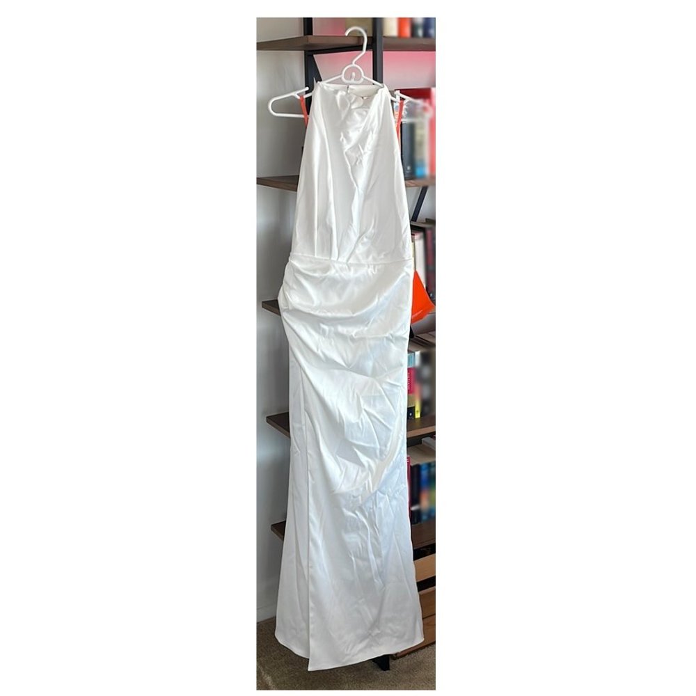 Milla white mock neck sleeveless low slit dress